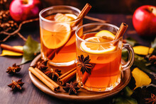 Hot Drink For New Year, Christmas Or Autumn Holidays. Mulled Cider Or Spiced Tea, Or Mulled White Wine With Lemon, Apples, Cinnamon And Anise.