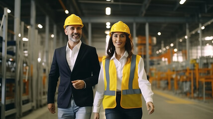 Wall Mural - Two professional engineer man and woman manager leader wearing helmet and walking in factory.