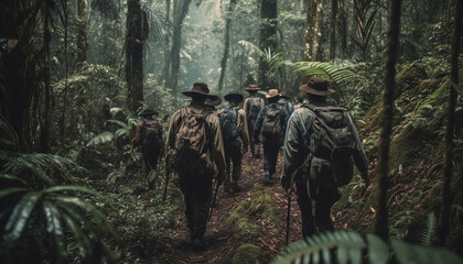 Wall Mural - A group of armed men walking through the tropical rainforest generated by AI