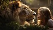 African lion looks into the eyes with cute baby girl.