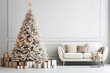 Christmas Home Interior with festive Christmas tree and gift boxes. Modern minimal living room in white colors