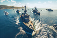 Modern Military Naval Warships In Open Sea. Military Naval Exercises