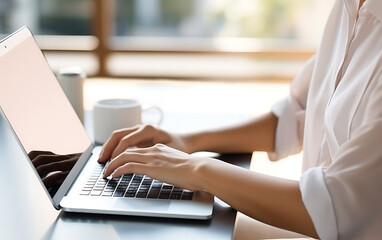 Hands of young woman using laptop while sitting at table in home office, remote work concept