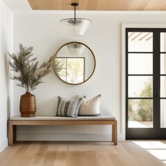 Wall Mural - A welcoming foyer with a natural wood bench, a round mirror framed in brass, and a statement pendant light made from black metal and clear glass	