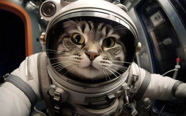 cat astronaut in a spacesuit in a spaceship plows the expanses of the universe