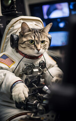 Wall Mural - Cat astronaut in a spacesuit in a spaceship plows the expanses of the universe