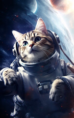 Wall Mural - Cat astronaut in a spacesuit in outer space travels across the expanses of the universe