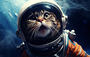 Wall Mural - Cat astronaut in a spacesuit in outer space travels across the expanses of the universe