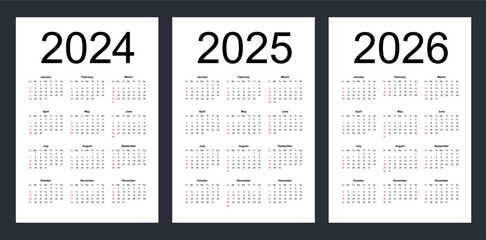 Wall Mural - Simple editable vector calendars for year 2024, 2025, 2026. Week starts from Sunday. Vertical. Isolated vector illustration on white background.