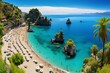Stunning vertical view of a sunny day at Isola Bella beach in Taormina, Sicily, surrounded by tropical beauty. Generative AI