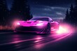 High-performance pink car driving swiftly on nocturnal road. Generative AI