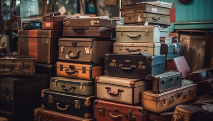 Poster - Antique leather suitcase, crowded with old fashioned luggage, leaving for adventure generated by AI