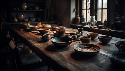 Poster - Rustic pottery bowl on wooden table, crafted by skilled potter generated by AI