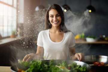 Beautiful positive girl prepares a delicious, healthy dish