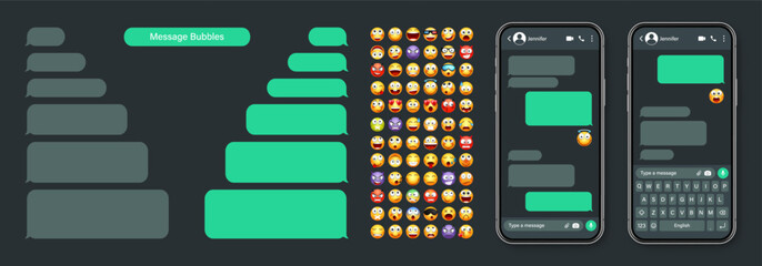 Smartphone messaging app, user interface with emoji. SMS text frame. Chat screen, green message bubbles. Texting app for communication. Social media application. Dark mode. Vector illustration