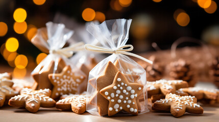 Christmas gingerbread cookies on a wooden table with bokeh background