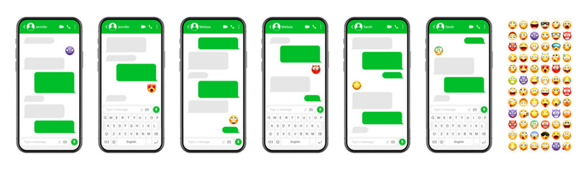 Smartphone messaging app, user interface design with emoji. SMS text frame. Chat screen with green message bubbles. Texting app for communication. Social media application. Vector illustration