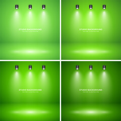 Wall Mural - Empty green studio abstract backgrounds with spotlight effect. Product showcase backdrop. Stage lighting. Vector illustration