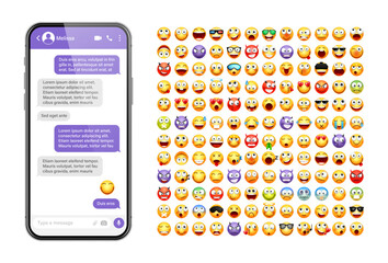Wall Mural - Smartphone messaging app, user interface design with emoji. SMS text frame. Chat screen with violet message bubbles. Texting app for communication. Social media application. Vector illustration