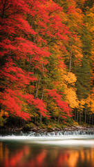 Poster - A picture of red and orange leaves falling into a river, their vibrant colors mirrored in the water's surface......