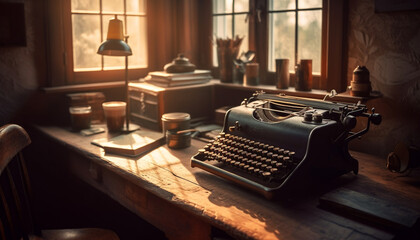 Fototapete - Antique typewriter on rustic wooden desk evokes nostalgia and elegance generated by AI