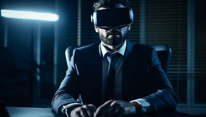 Wall Mural - Confident businessman sitting in virtual reality simulator, watching success with expertise generated by AI