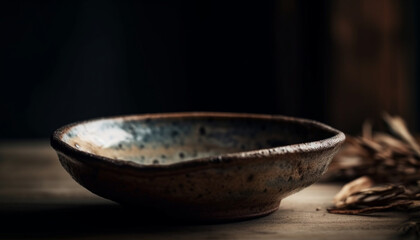 Canvas Print - Rustic earthenware bowl on wooden table with organic food decoration generated by AI