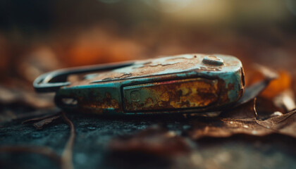 Fototapete - Rusty old wrench on weathered wooden table in abandoned workshop generated by AI