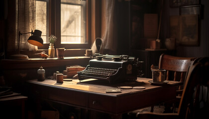 Fototapete - Antique typewriter on rustic wooden table evokes nostalgia for literature generated by AI