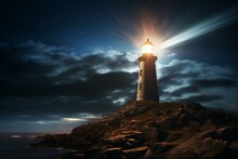 Beam Of Light Illuminating Lighthouse At Night. Generative AI