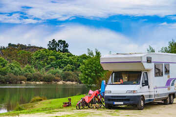 Sticker - Bicycles at caravan. Camping on nature