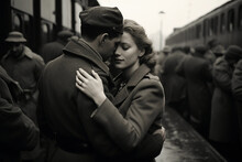 Wartime Photograph, Soldiers Saying Goodbye At A Train Station, Embracing Loved Ones, Emotional Tension, Fading Uniforms