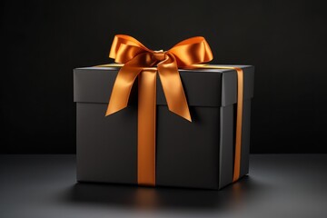 Wall Mural - Black gift box with orange ribbon on black background