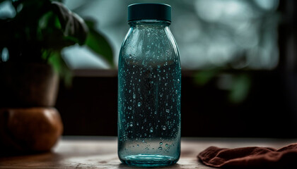 Poster - Refreshing liquid drops wet glass on rustic wooden table background generated by AI