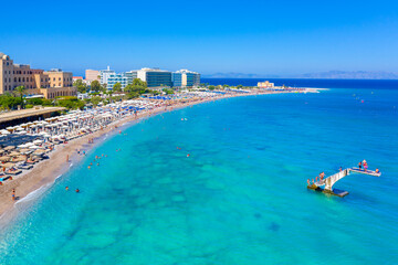 Aerial view of Elli beach on Rhodes island, Dodecanese, Greece, Europe