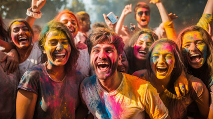 Happy group of Indian people celebrating Holi the Hindu Festival of Colours, Love and Spring