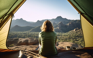 Wall Mural - View from tent of a young woman hiker observing the view of a mountain