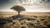 Tranquil sunset over African savannah, silhouettes of acacia trees generated by AI