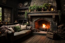 Cozy Cottage With A Fireplace And A Comfortable Sofa With Brown Blankets