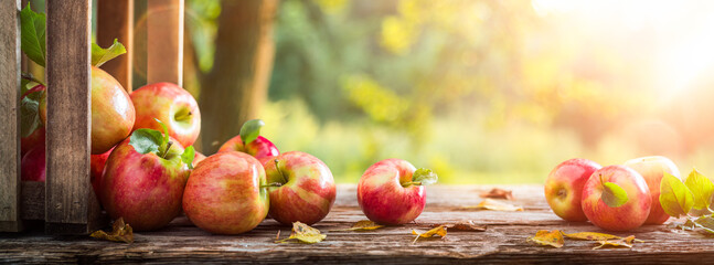 Poster - Close-up Of Apples And Wooden Crate On Table - Autumn And Harvest Concept