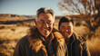 autumnal portrait of a grandfather and his nephew in a desert landscape
