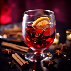 Wall Mural - Mulled wine warming drink based on dry red wine mixed with spices, citruses and honey. Close up of glass of hot red mulled wine with spices, orange slice, cinnamon stick and anise star on wooden table