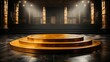 © Максим Зайков - Gold podium background product silk luxury black 3d golden display fabric abstract premium stage. Background elegant studio gold pedestal podium presentation cloth backdrop design. Generative AI
