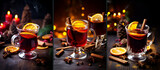 Fototapeta Panele - Set of glasses of mulled wine on wooden background, festive drinks. Warming drink. Glasses of hot red wine cocktail with spices, orange slice, cinnamon stick and anise stars. Mulled wine background