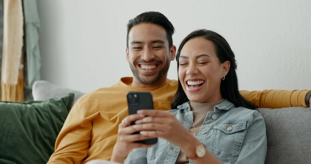 Poster - couple, laugh and talking on sofa with phone for social media post, subscription and reading funny n