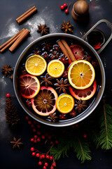 Wall Mural - Pot of mulled wine, traditional christmas drink, vertical illustration, top view. Mulled red wine or punch drink with spices, citrus slices, cinnamon sticks and anise stars in a pot on grey background