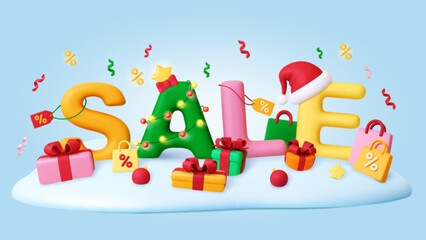 Sticker - Christmas sale 3d background. Store discount banner, render gift boxes, bags on snow hill and confetti. Xmas plasticine pithy vector design