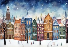 Magic Watercolor Winter Town
