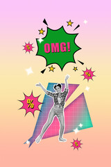 Poster - Funky young energetic girl dancing discotheque collage artwork of positive person advertise low prices banner isolated on pink background