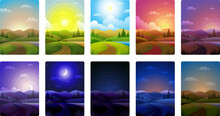 Day Parts. Background Of Noon Morning Day And Night Recent Vector Cartoon Landscape With Weather Horizon
